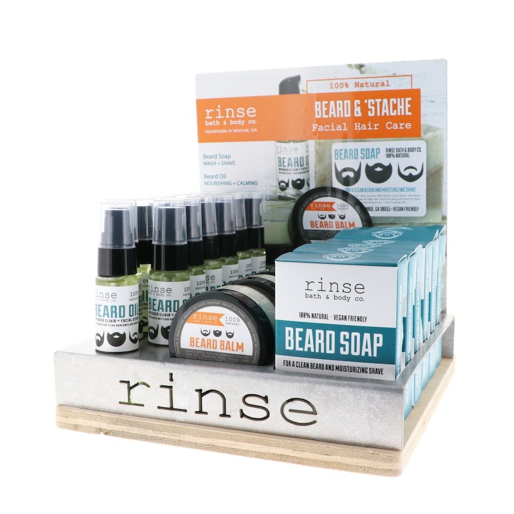 BEARD BALM, OIL & SOAP DISPLAY - FILLED - wholesale rinsesoap