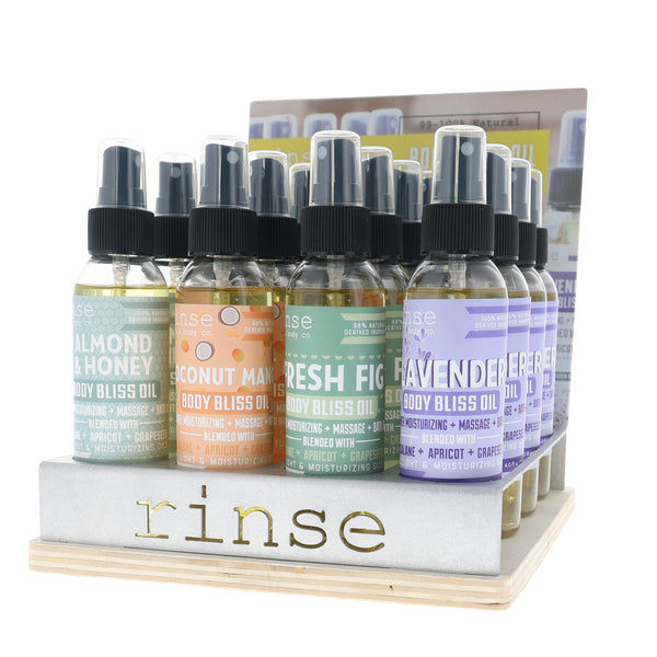 Body Bliss Oil Display - Filled (4 flavor) - Rinse Bath & Body Wholesale